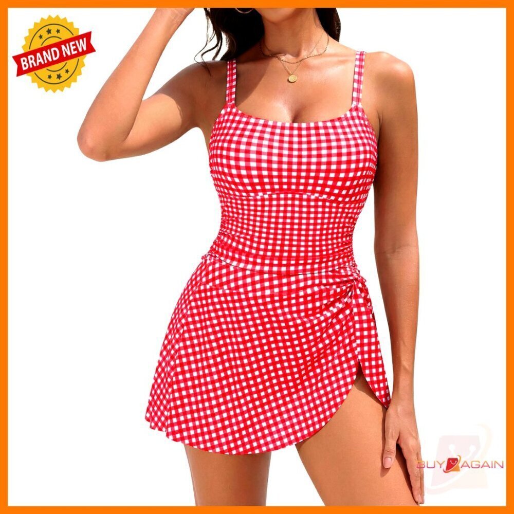 Convertible One-Piece Swimsuit with Skirt Modest Slimming Ruched Tummy Control